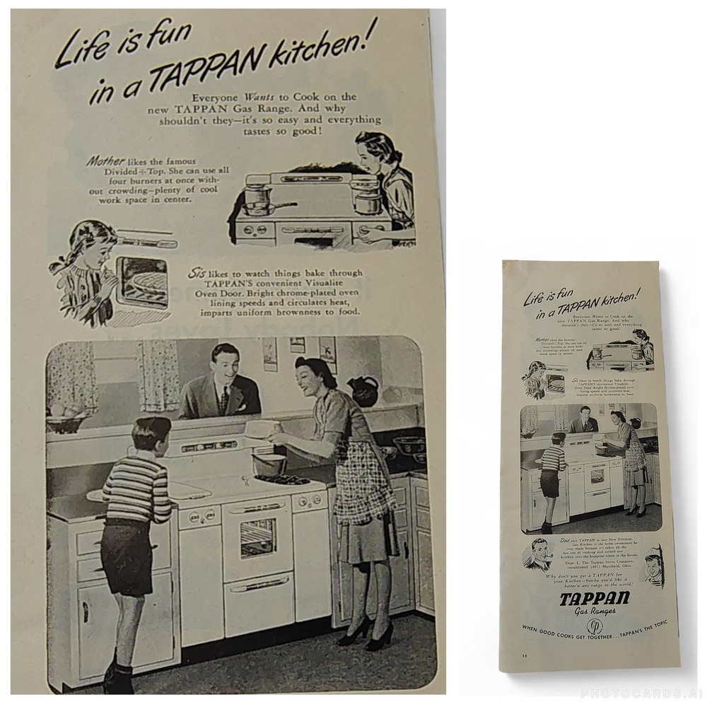 1946 Tappan Print Ad Happy Family Kitchen Cooking Scene Midcentury Domestic MCM